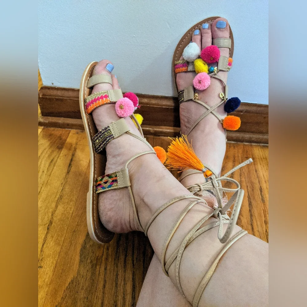 Asos Boho Pom Pom Colorful Tie Up Flat Sandals Size 7 Fesrival